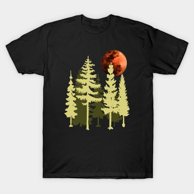 Vintage Conifers Landscape and Red Full Moon T-Shirt by PallKris